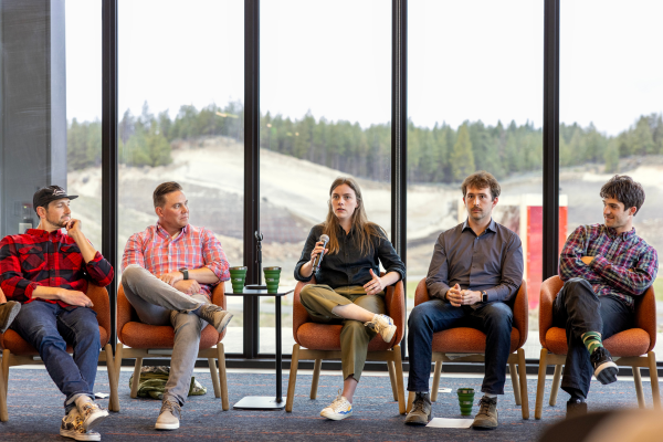 SnoPlanks founders with students at an outdoor industry summit in Bend, oregon